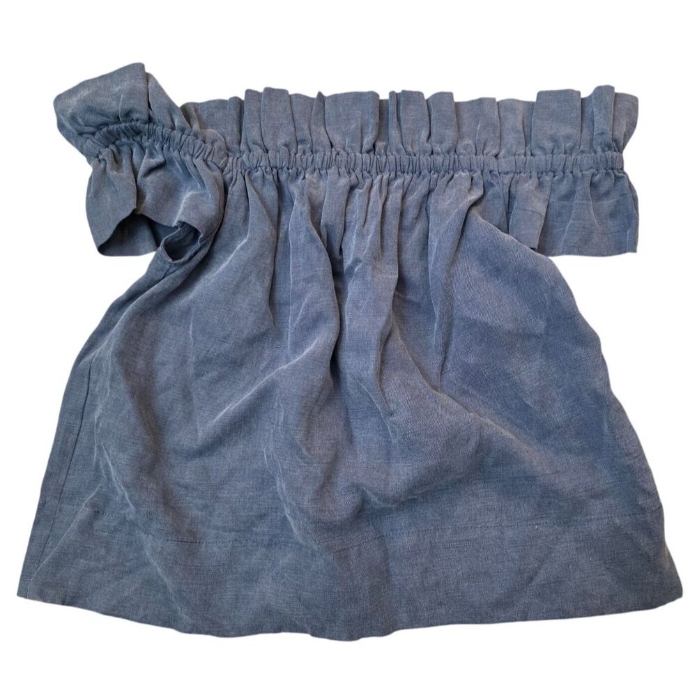 Ulla Johnson Blue Off The Shoulder Ruffle Blouse Top Linen Blend Extra Small XS